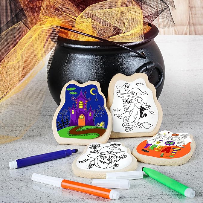 Halloween Cookies Decorating Kit Coloring Gift For Kids Food | 4 Jumbo Cookies + 3 Edible Markers |