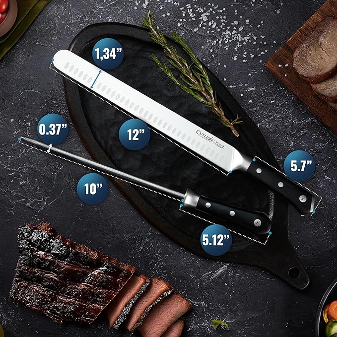 Cutluxe BBQ Knife Carving Set – 12" Brisket Knife & 10" Honing Rod, Butcher Knife Set for Meat