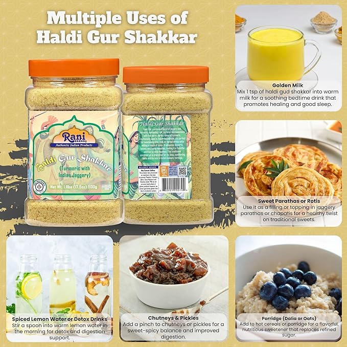 Rani Haldi Gur Shakkar (Turmeric with Indian Jaggery) Indian Unrefined Raw Cane Sugar 17.5oz