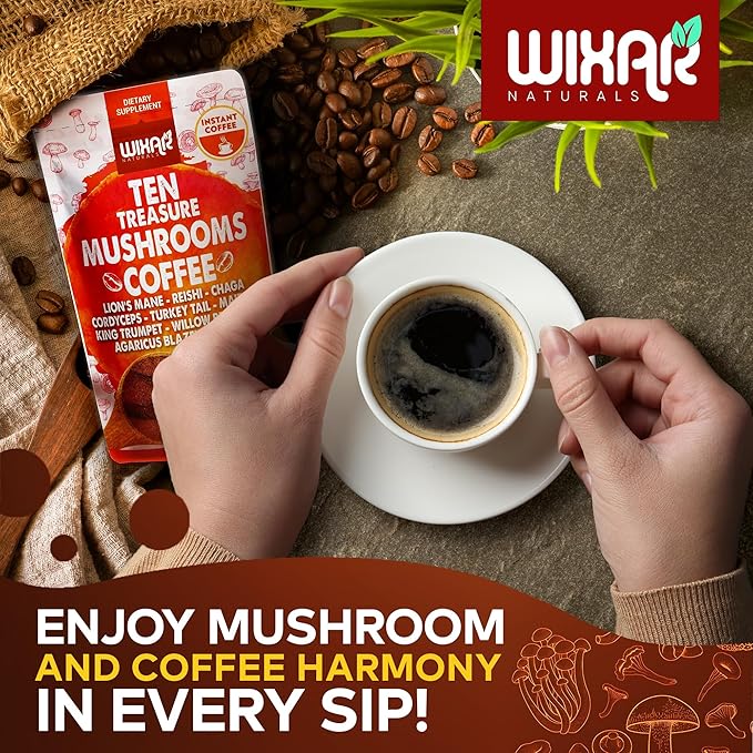 Wixar Mushroom Coffee Blend - Ten Treasure Mushrooms Extract Instant Coffee Powder with Lions Mane