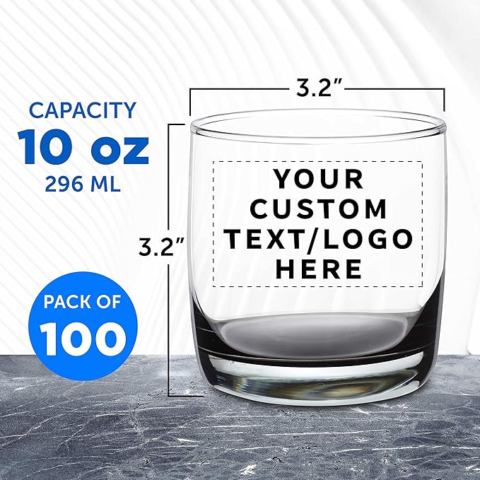 DISCOUNT PROMOS Custom Whiskey Glasses 10 oz Set of 100, Personalized Bulk Pack - Heavy Base Old