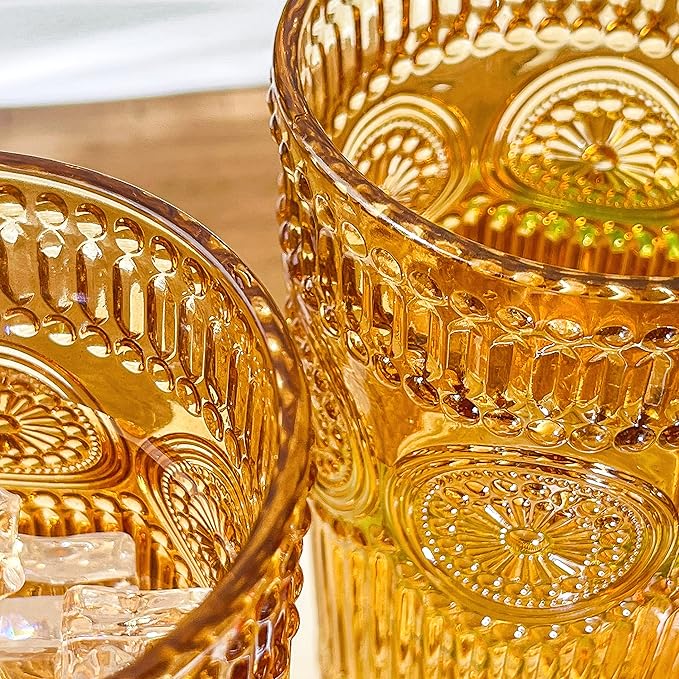 Kate Aspen Vintage Textured Amber Striped Drinking Glasses Set of 6-13 oz Ribbed Glassware with