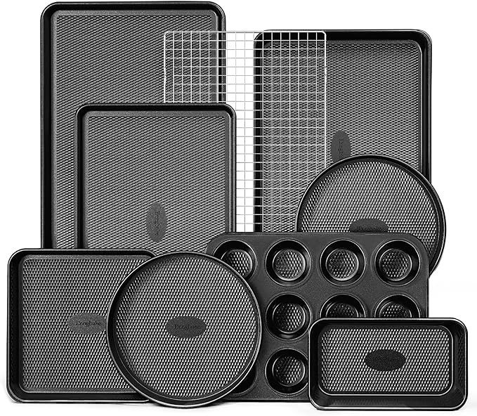 HONGBAKE 9-Piece Baking Pans Set Nonstick, Stackable Non Toxic Bakeware Sets with Diamond Texture