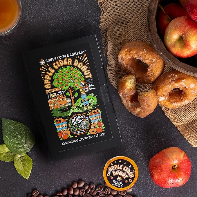 Bones Coffee Company Apple Cider Donut Flavored Coffee Pods, Low Acid Medium Roast Single-Serve