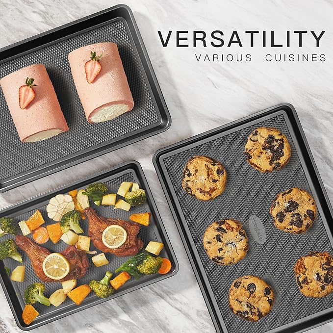 Cookie Sheets for Baking Nonstick - HONGBAKE Baking Sheet Pan Set of 3, Half/Quarter/Jelly Roll Pan