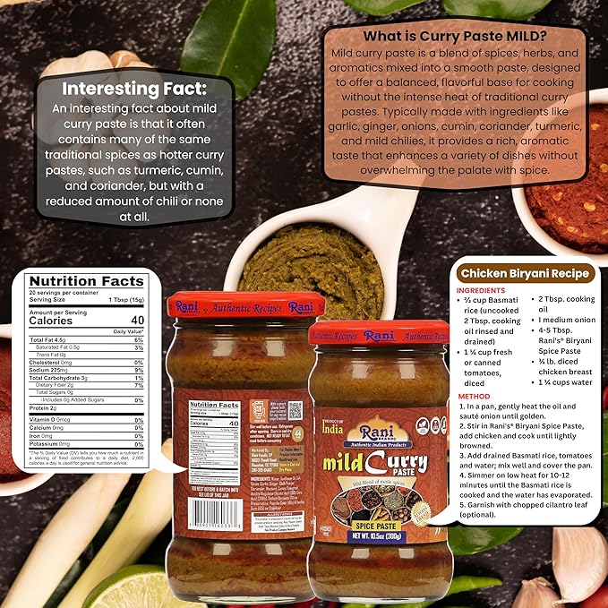 Rani Curry Paste MILD (Spice Paste) 10.5oz (300g) Glass Jar ~ No Colors | All Natural | NON-GMO |