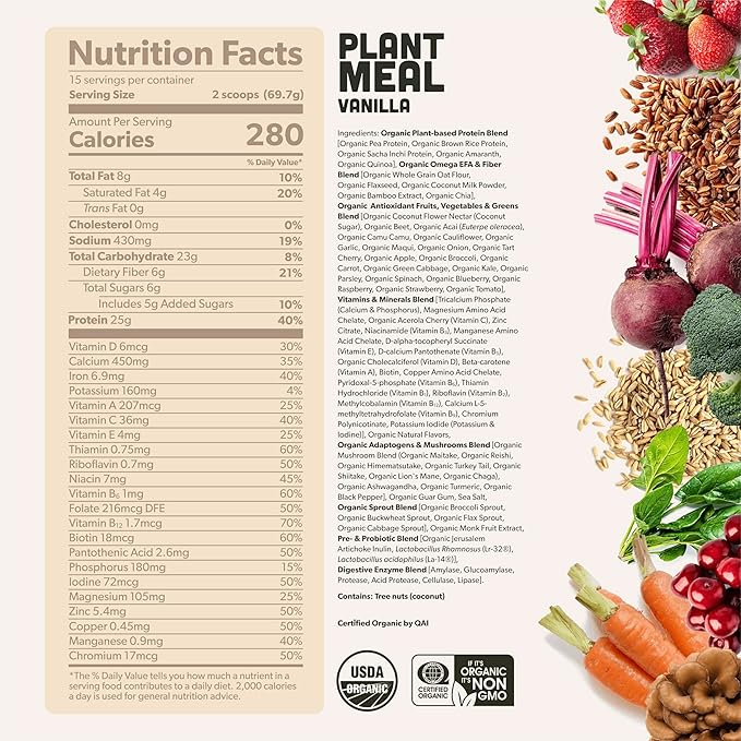 Plant Meal Replacement Shake - Vanilla - 25g of Plant Based Vegan Protein Powder, 76+ Organic
