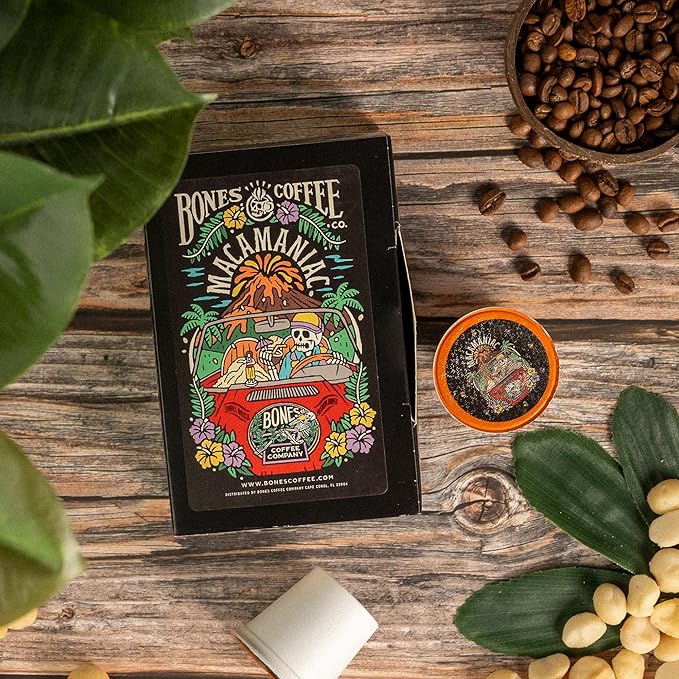 Bones Coffee Company Flavored Coffee Bones Cups Macamaniac Flavored Pods | 12ct Single-Serve Coffee
