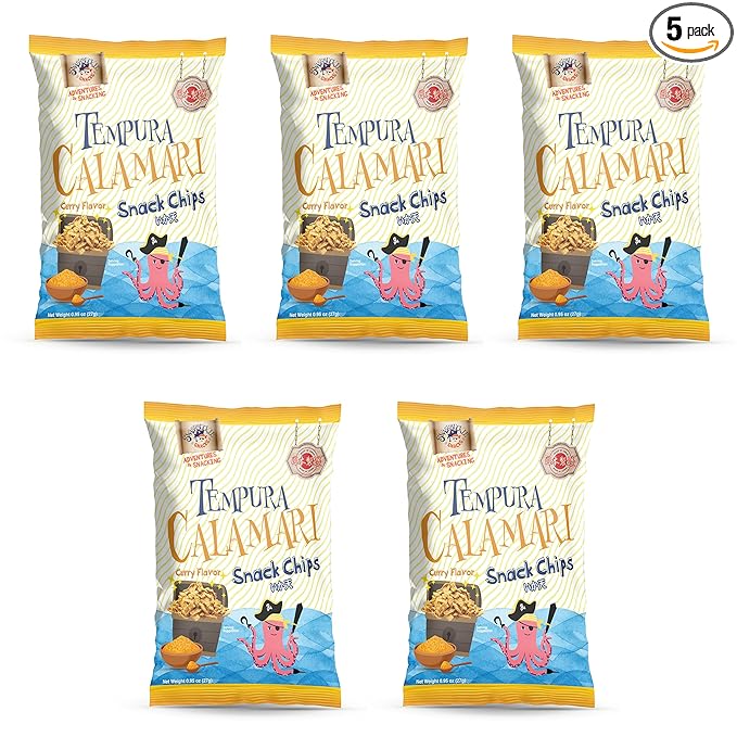 Swashbuckle Snacks Crispy Tempura Calamari Snack Chips Curry Flavor 0.95oz (27g) - 5pack, Made in