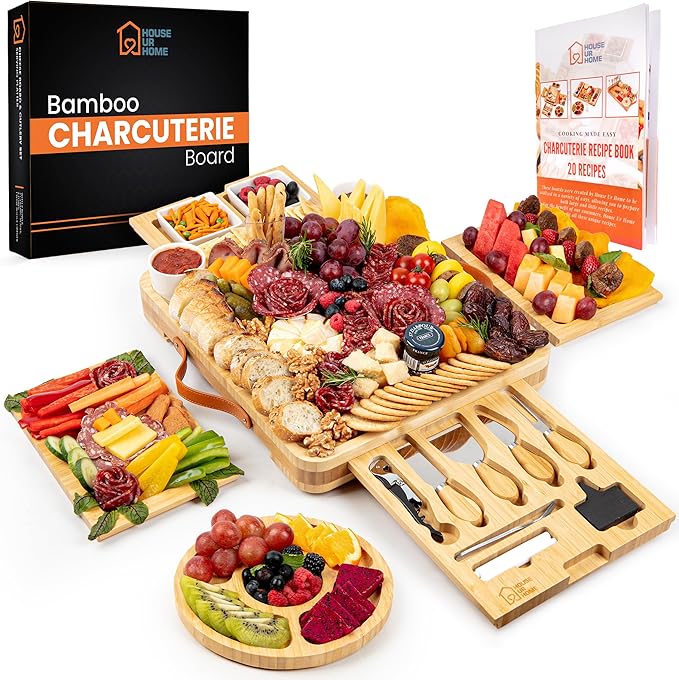 Large Bamboo Charcuterie Boards Gift Set with 4 Hidden Drawers, Cheese Knives, Ceramic Bowls &