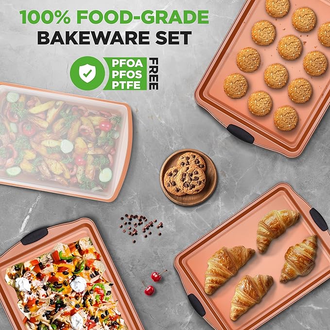 NutriChef 5 Piece Baking Pan Set - PFOA, PFOS, PTFE Free Flexible Nonstick Carbon Steel Bakeware