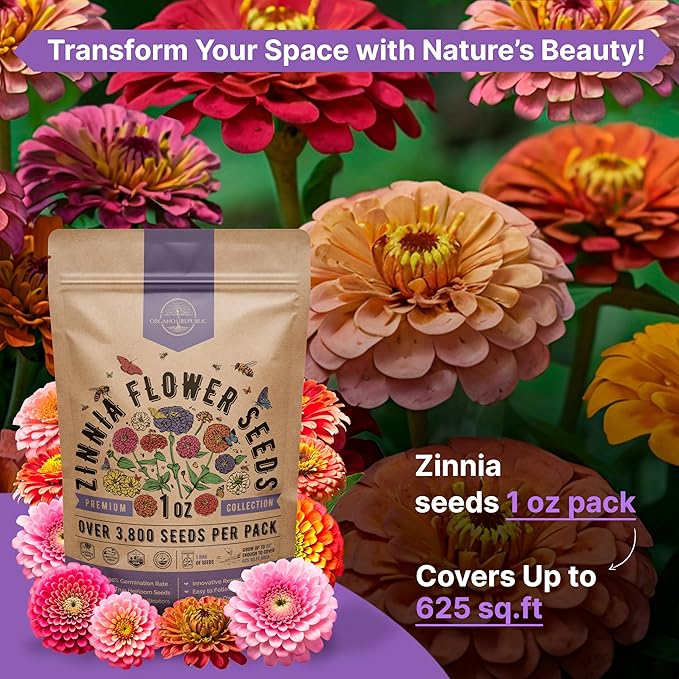 Zinnia Seeds Pack 1 oz - Over 3,800 Non-GMO Heirloom Zinnia Seeds for Planting, Annual Flowers in