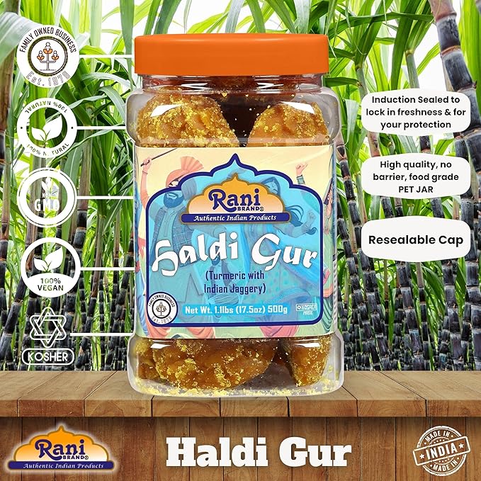 Rani Haldi Gur (Turmeric with Indian Jaggery) Indian Unrefined Raw Cane Sugar 17.5oz (1.1lbs) 500g