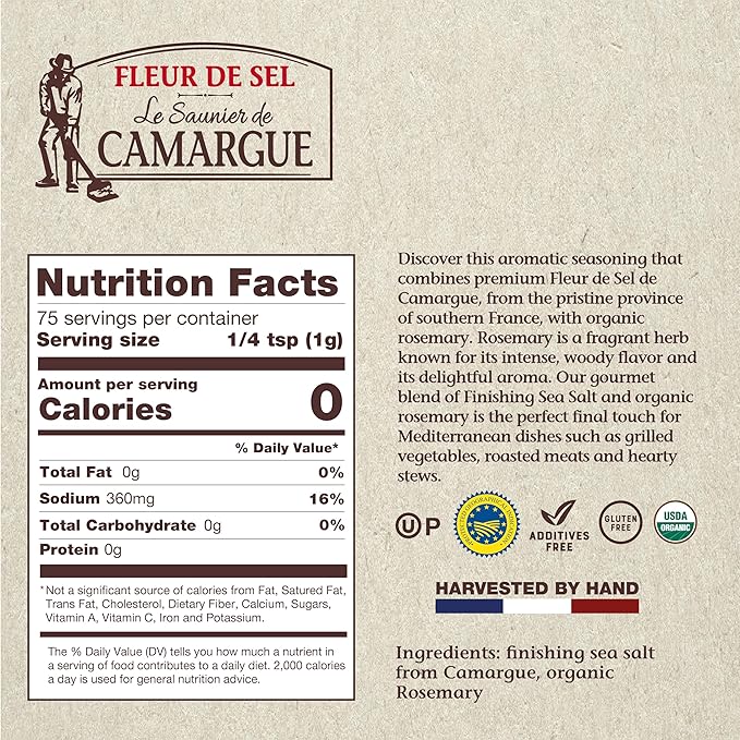Le Saunier de Camargue Fleur de Sel with Organic Rosemary – French Sea Salt Finishing Salt with
