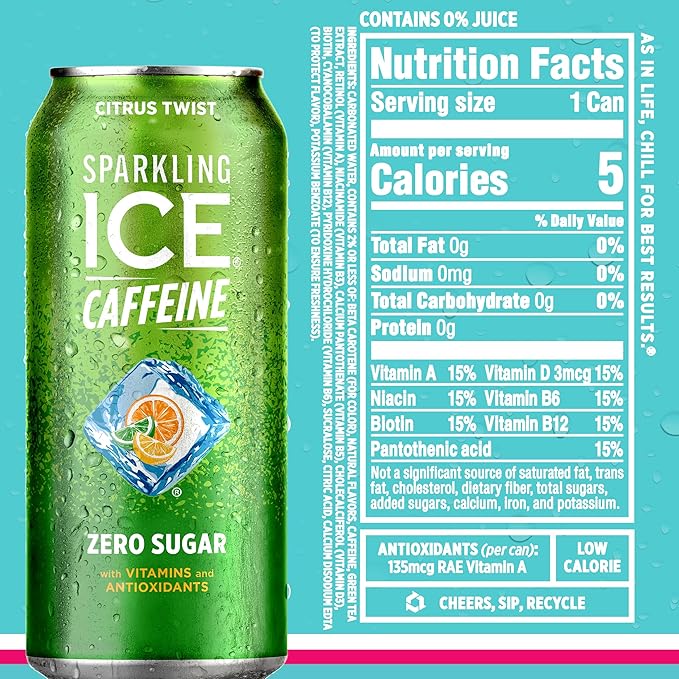 Sparkling Ice Caffeine Variety Pack, Flavored Sparkling Water, Zero Sugar, with Vitamins and