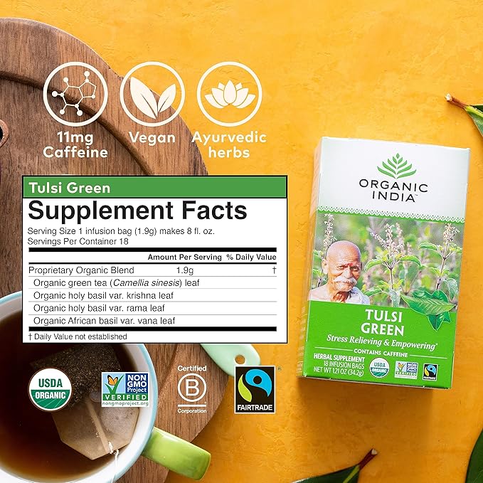 Organic India Tulsi Green Tea Bags - Holy Basil Tea, African Basil, Stress Relieving, Immune