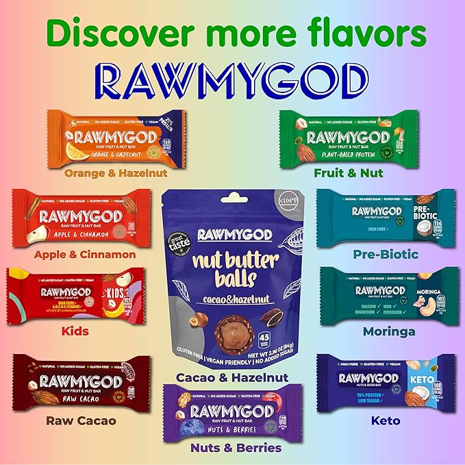 RAWMYGOD Fruit and Nut Bars, Gluten Free, Vegan, No Added Sugar (20 bars, Prebiotic)