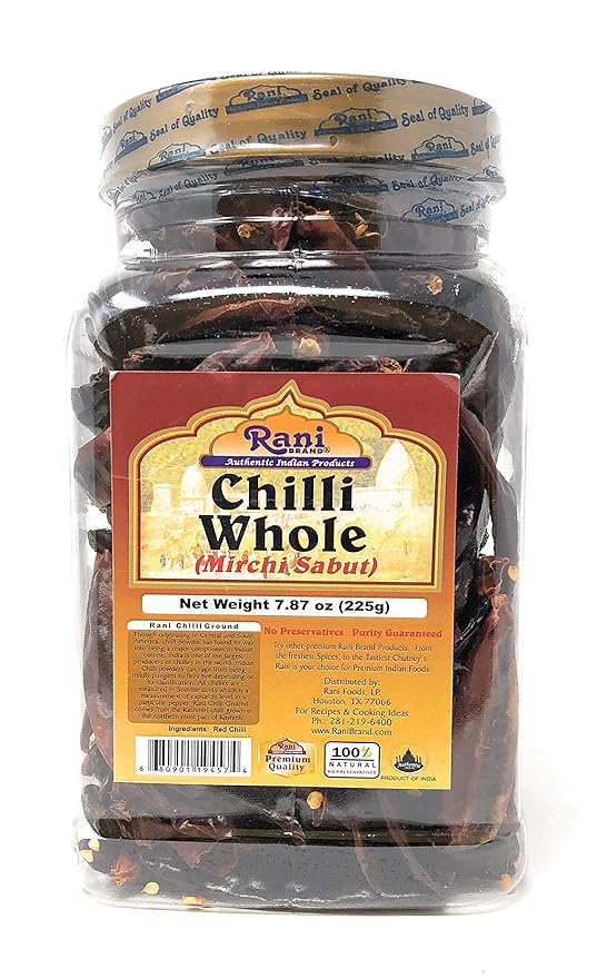 Rani Chilli Whole (Lal Mirch Sabut) 8oz (225g) PET Jar ~ All Natural, Salt-Free | Vegan | No Colors