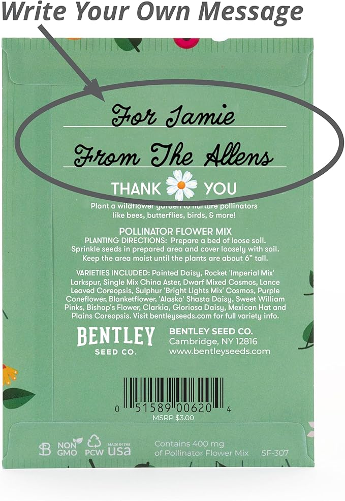 Bentley Seed Co. Thank You Packet - Pollinator Flower Mix - 25 Seed Packets - Perfect Eco-Friendly