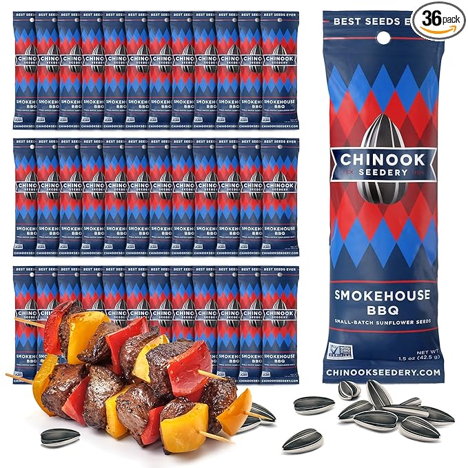 Chinook Seedery Roasted Sunflower Seeds to Eat - 1.5 oz (Pack of 36) Smokehouse BBQ - Jumbo Low