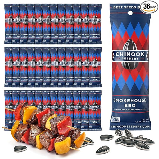 Chinook Seedery Roasted Sunflower Seeds to Eat - 1.5 oz (Pack of 36) Smokehouse BBQ - Jumbo Low