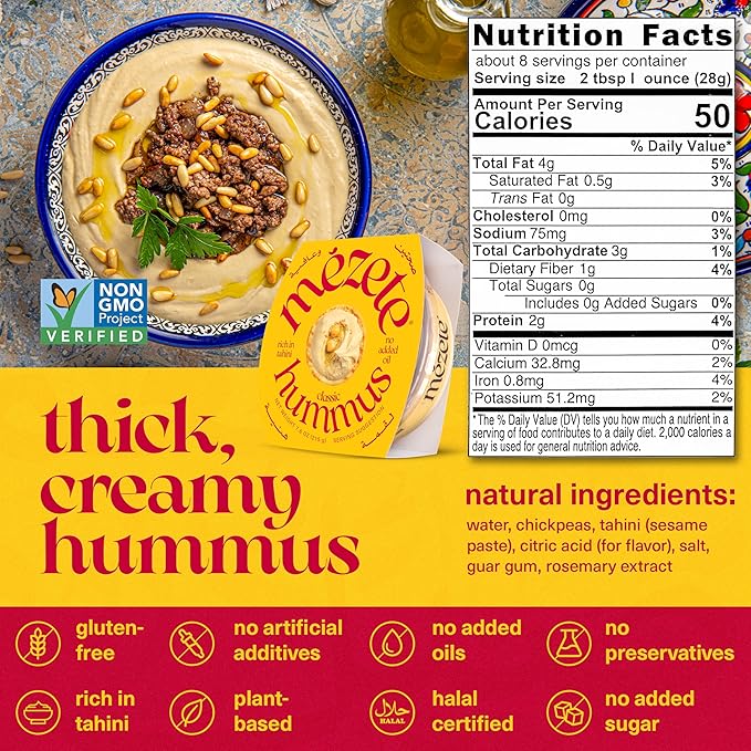 Mezete Classic Hummus Dip | Preservative-Free | All-Natural | On the Go Tahini Rich Vegan Dip |