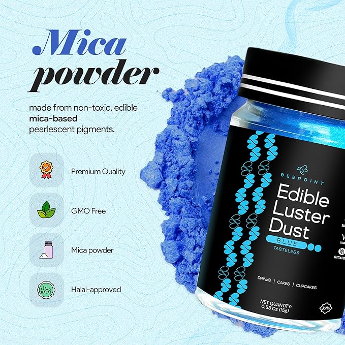 BeePoint Blue Edible Luster Dust 15g - Food Grade, Vibrant Color Shimmer Powdered Dust for Drinks