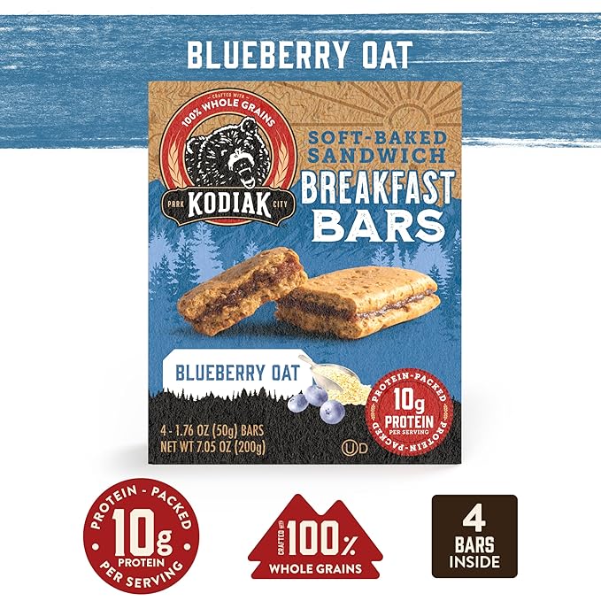 Kodiak Cakes Soft Baked Sandwich Breakfast Bar, Blueberry Oat, High Protein, 100% Whole Grains, 12