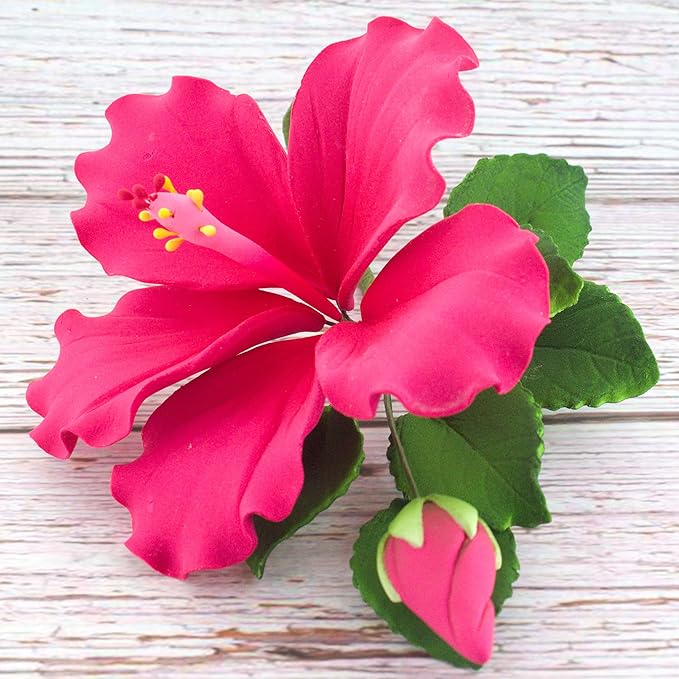Global Sugar Art Hibiscus Sugar Cake Flowers Spray, Hot Pink Hawaiian Cake Flower Large, 1 Count by
