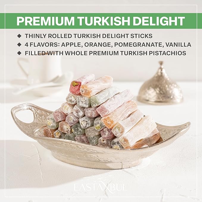 Eastanbul Turkish Delight, 8.8oz, Turkish Delights Candy Sticks Pistachio Filled w/ 4 Flavors: