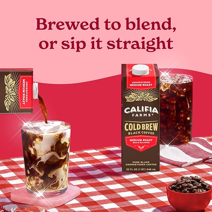 Califia Farms - Pure Black Medium Roast Cold Brew Coffee, 32 Oz (Pack of 6), 100% Arabica, Shelf