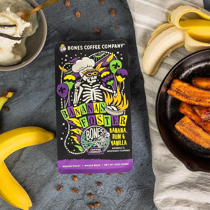 Bones Coffee Company Bananas Foster, Banana, Rum and Vanilla Flavored Coffee, Medium Roast Low Acid