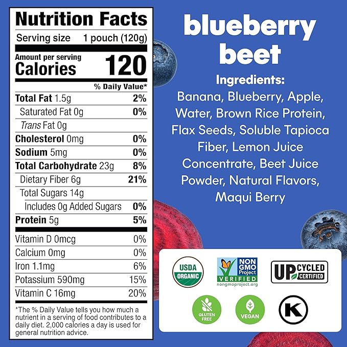 Noka Superfood Smoothie Pouches (Blueberry Beet) 4 Pack, with Plant Protein, Prebiotic Fiber & Flax