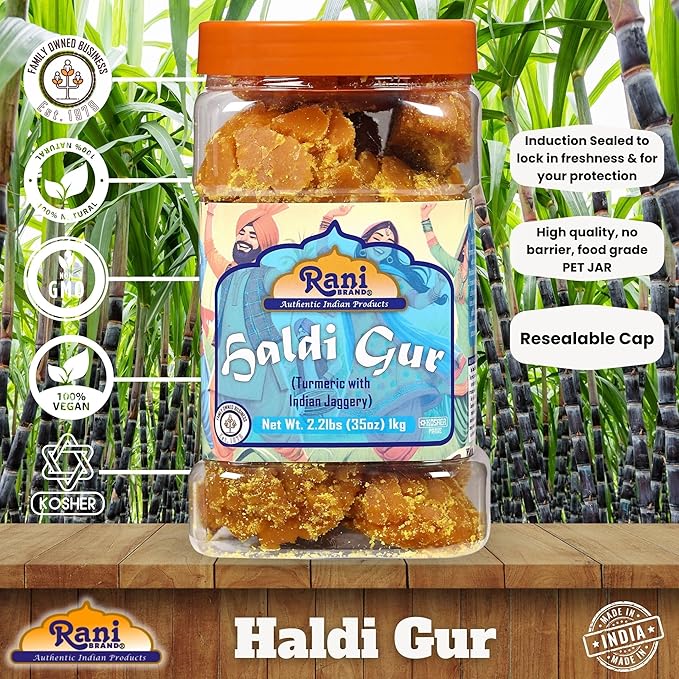 Rani Haldi Gur (Turmeric with Indian Jaggery) Indian Unrefined Raw Cane Sugar 35oz (2.2lbs) 1kg PET