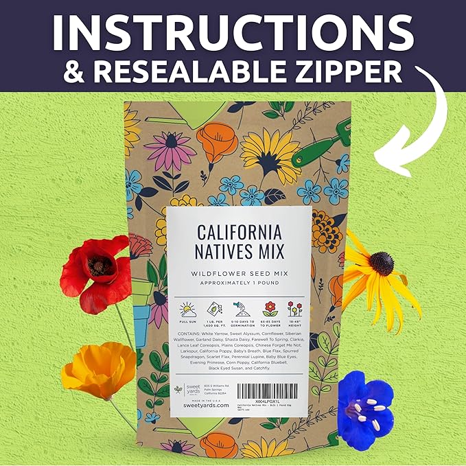California Natives Mix - Bulk 1 Pound Bag - Over 120,000 Native Seeds - Open Pollinated and Non GMO
