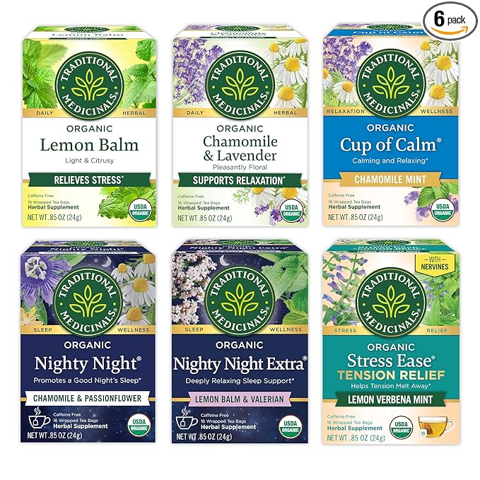 Traditional Medicinals Organic Herbal Tea Variety Pack for Stress and Sleep Support, 6 Flavors