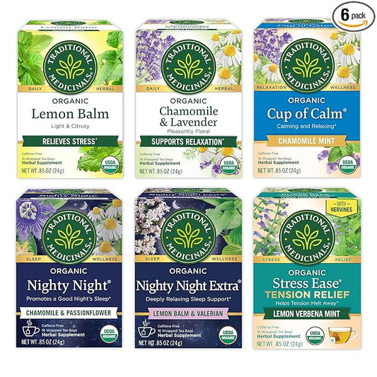 Traditional Medicinals Organic Herbal Tea Variety Pack for Stress and Sleep Support, 6 Flavors