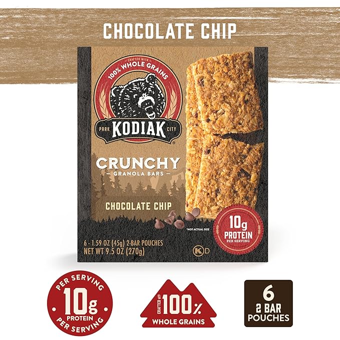 Kodiak Cakes Protein Crunchy Granola Bar, Chocolate Chip, (Pack of 12 Boxes)