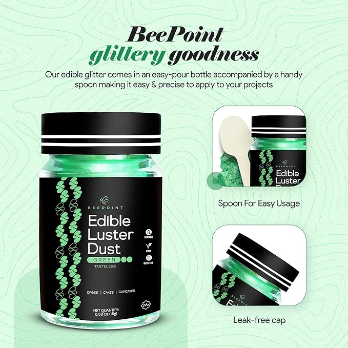 BeePoint Green Edible Luster Dust 15g - Food Grade, Vibrant Color Shimmer Powdered Dust for Drinks
