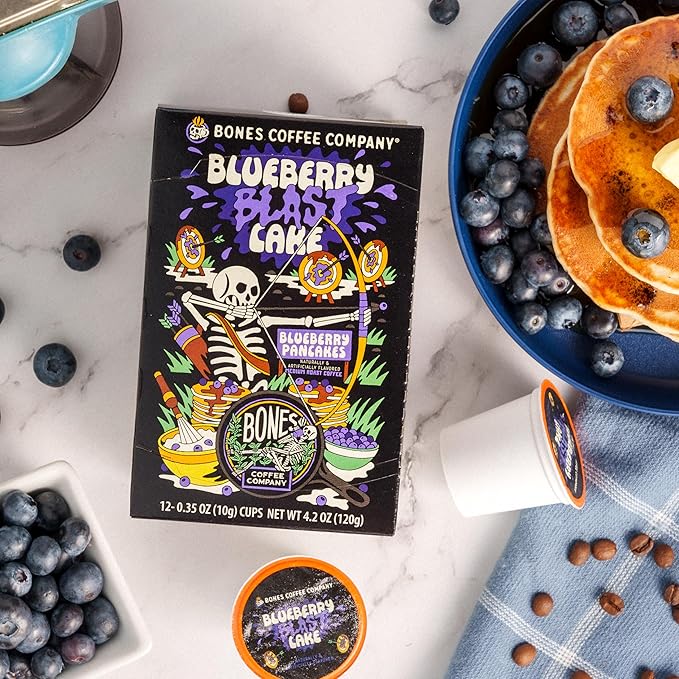 Bones Coffee Company Blueberry Blast Cake, Blueberry Pancake Flavored Coffee Pods, Low Acid Medium
