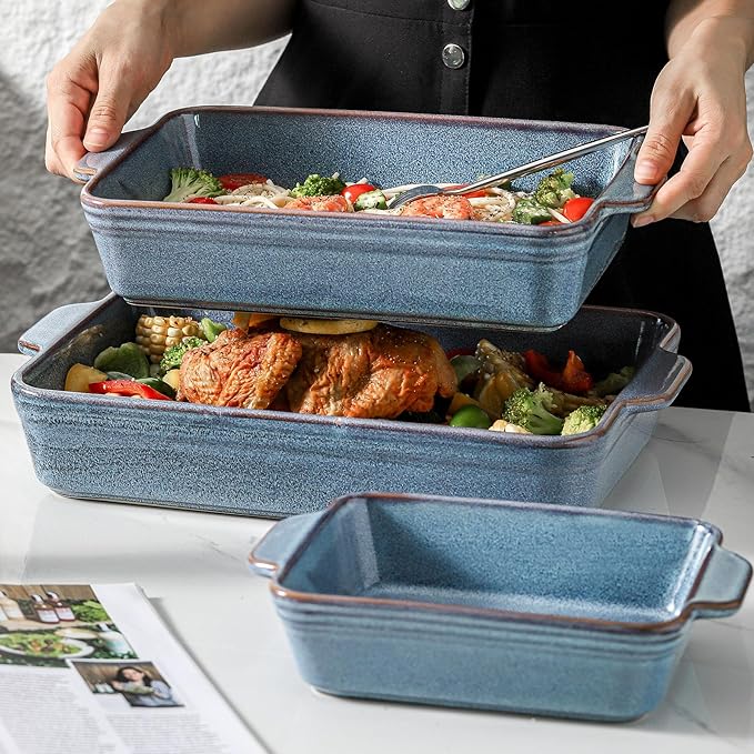 HVH 9x13 Baking Dish Set, Large Casserole Dishes for Oven, Ceramic Bakeware Set of 3, Rectangular