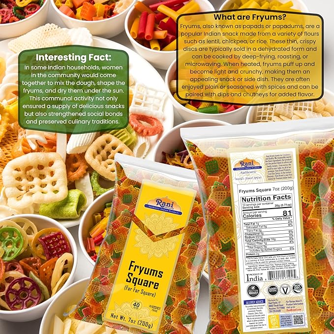 Rani Far Far / Fryums (Wheat & Tapioca Pellet) Square Shape 7oz (200g) ~ Vegan, Kosher, Uncooked