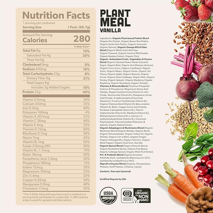 Plant Meal Replacement Shake - Vanilla - 25g of Plant Based Vegan Protein Powder, 76+ Organic