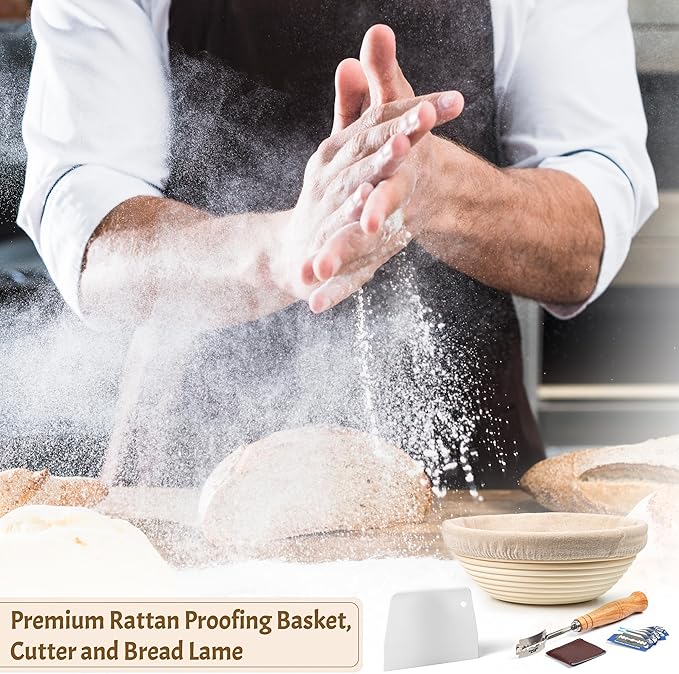 Sourdough Bread Baking Supplies Starter Kit, Banneton Proofing Basket 9'' Round, Sourdough Starter