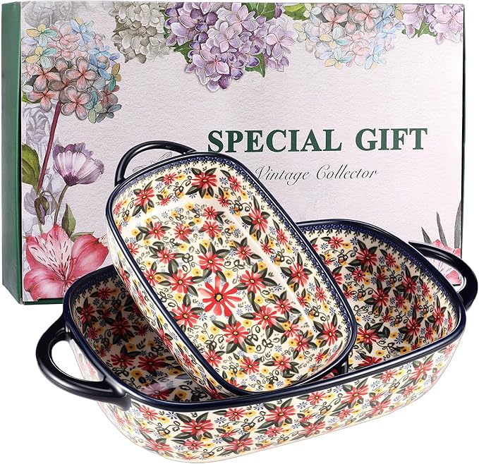 Ceramic Baking Dish Set of 2 ??Decorative Polish Pottery Style Casserole Dishes with Handles, Cute