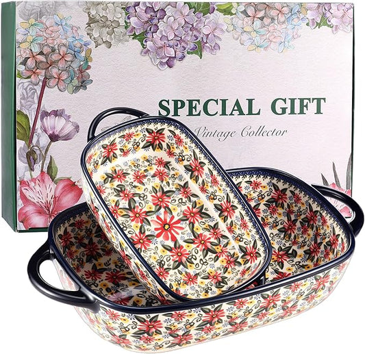 Ceramic Baking Dish Set of 2 ??Decorative Polish Pottery Style Casserole Dishes with Handles, Cute