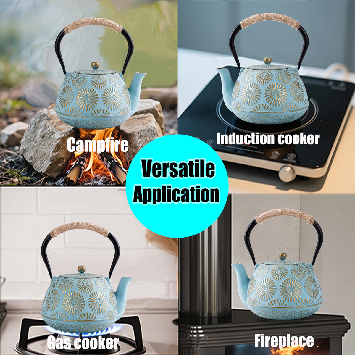 TiwisiTe Cast Iron Teapot 40oz Infuser, Gold Gilt Enamel Lining