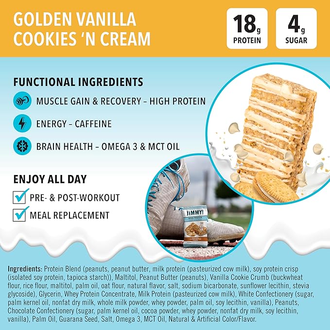 JiMMYBAR! - Golden Vanilla Cookies 'N Cream - 18g Protein Bars - Low 4g Sugar - 12 Count - Real