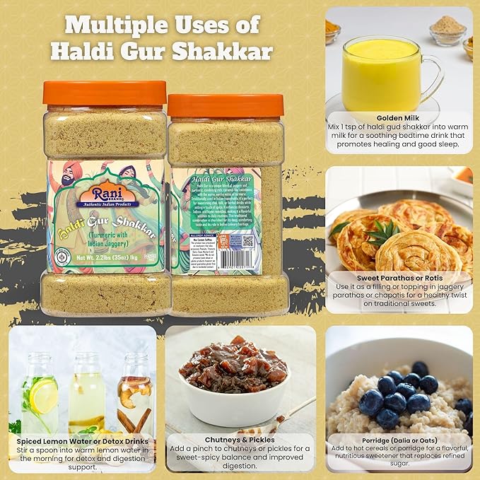 Rani Haldi Gur Shakkar (Turmeric with Indian Jaggery) Indian Unrefined Raw Cane Sugar 35oz (2.2lbs)