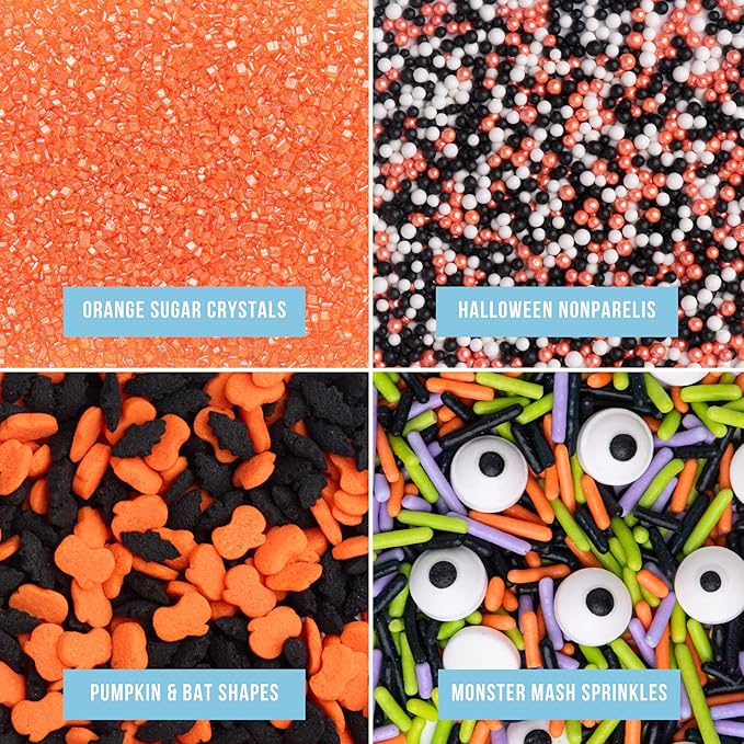 Sweets Indeed Halloween Sprinkles 4-Pack ??10.90 oz Jar Set | Candy Eyeball Mix, Bat & Pumpkin Quin